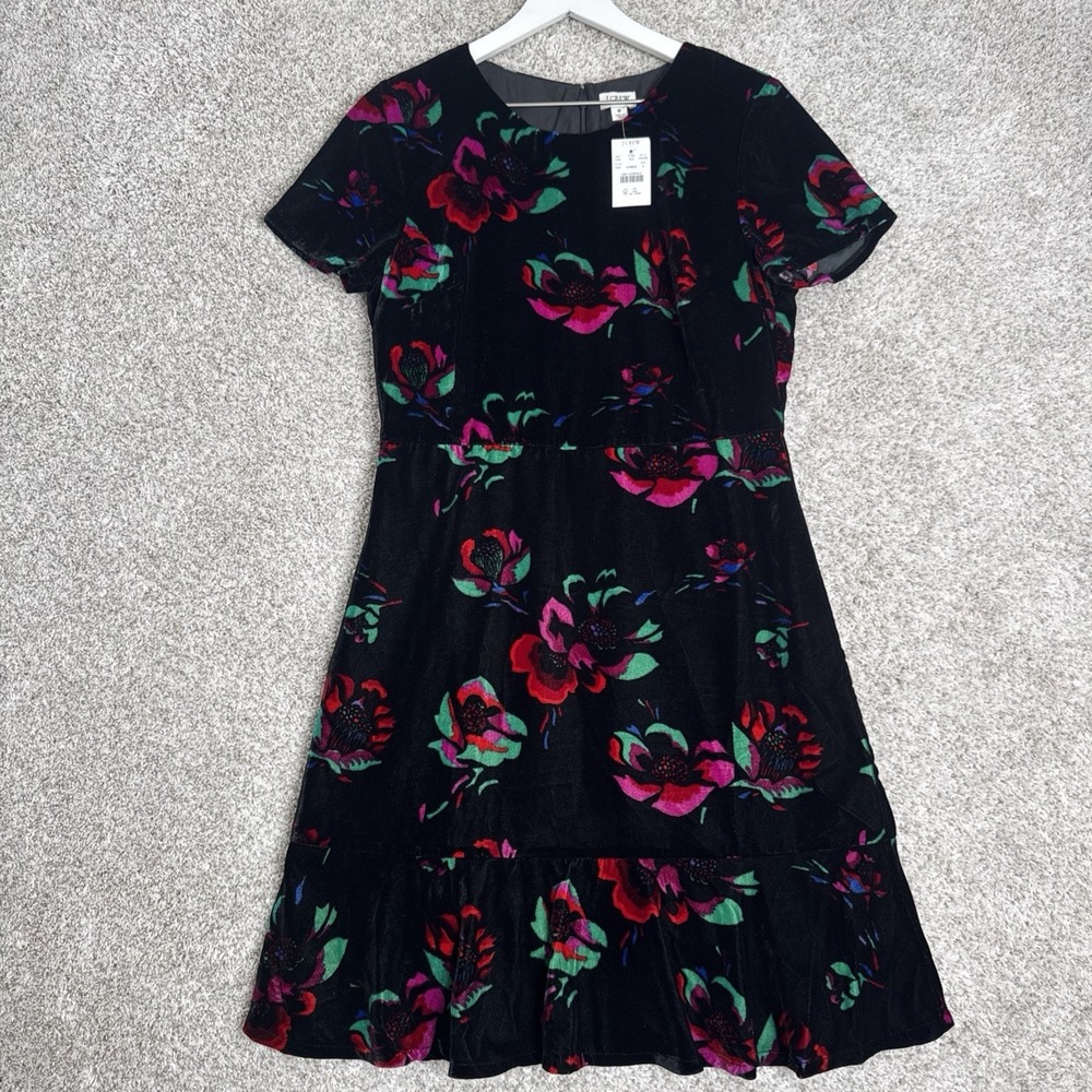 J Crew Factory Dress Women Size 8 Black Velvet Velour Floral Flutter